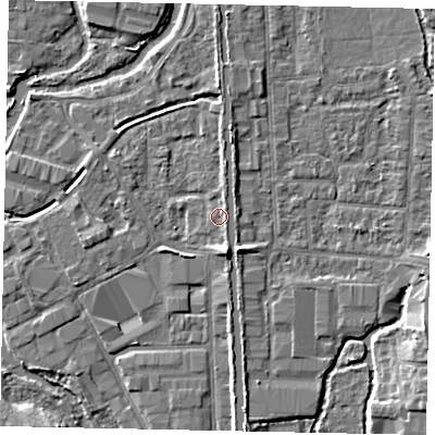 Shaded relief map of the ground around UB82XQ, computed from Environment Agency LiDAR. The ground here sits at about 31 m above sea level and falls 6 m across the surrounding 800 m. Surface water reaching this point runs off ground lying to the south-east, 1.3 m higher.