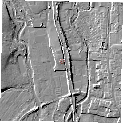 Shaded relief map of the ground around UB82XS, computed from Environment Agency LiDAR. The ground here sits at about 33 m above sea level and falls 9 m across the surrounding 800 m. Surface water reaching this point runs off ground lying to the north-north-west, 2.5 m higher.