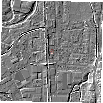 Shaded relief map of the ground around UB82XX, computed from Environment Agency LiDAR. The ground here sits at about 31 m above sea level and falls 8 m across the surrounding 800 m. Surface water reaching this point runs off ground lying to the south-south-west, 3.9 m higher.