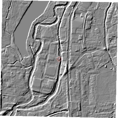 Shaded relief map of the ground around UB82YF, computed from Environment Agency LiDAR. The ground here sits at about 31 m above sea level and falls 6 m across the surrounding 800 m. Surface water reaching this point runs off ground lying to the north-east, 3.4 m higher.