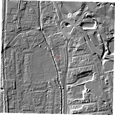Shaded relief map of the ground around UB82YJ, computed from Environment Agency LiDAR. The ground here sits at about 32 m above sea level and falls 18 m across the surrounding 800 m. Surface water reaching this point runs off ground lying to the north-north-east, 3.1 m higher.