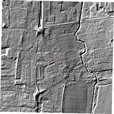 Shaded relief map of the ground around UB83NB, computed from Environment Agency LiDAR. The ground here sits at about 34 m above sea level and falls 11 m across the surrounding 800 m. Surface water reaching this point runs off ground lying to the west-north-west, 0.8 m higher.