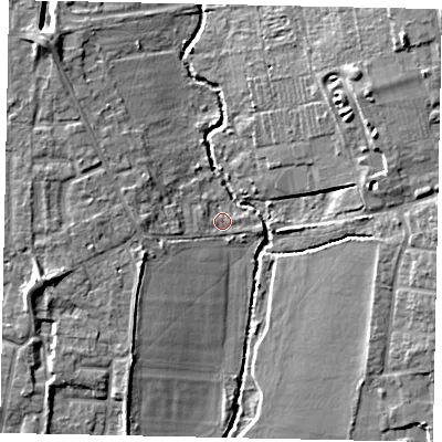 Shaded relief map of the ground around UB83ND, computed from Environment Agency LiDAR. The ground here sits at about 31 m above sea level and falls 18 m across the surrounding 800 m. Surface water reaching this point runs off ground lying to the west, 4.5 m higher.