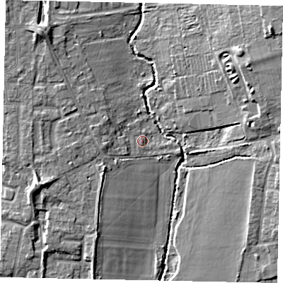 Shaded relief map of the ground around UB83NE, computed from Environment Agency LiDAR. The ground here sits at about 32 m above sea level and falls 16 m across the surrounding 800 m. Surface water reaching this point runs off ground lying to the west, 4.7 m higher.