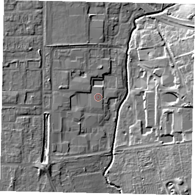 Shaded relief map of the ground around UB83PH, computed from Environment Agency LiDAR. The ground here sits at about 34 m above sea level and falls 14 m across the surrounding 800 m. Surface water reaching this point runs off ground lying to the north-north-west, 0.9 m higher.
