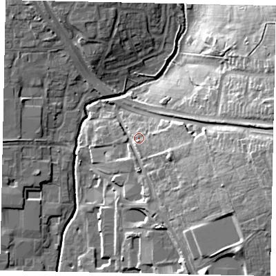 Shaded relief map of the ground around UB83PN, computed from Environment Agency LiDAR. The ground here sits at about 39 m above sea level and falls 24 m across the surrounding 800 m. Surface water reaching this point runs off ground lying to the east-south-east, 13.8 m higher.