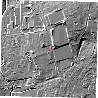 Shaded relief map of the ground around UB83PW, computed from Environment Agency LiDAR. The ground here sits at about 42 m above sea level and falls 28 m across the surrounding 800 m. Surface water reaching this point runs off ground lying to the north-north-east, 5.2 m higher.