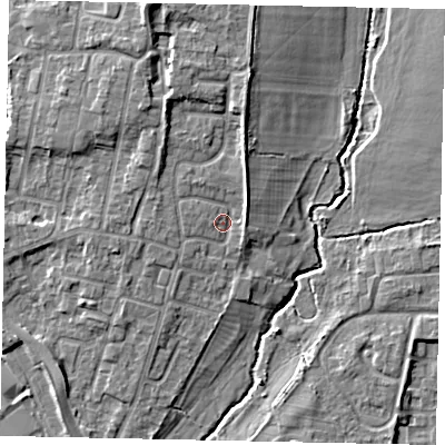 Shaded relief map of the ground around UB83SG, computed from Environment Agency LiDAR. The ground here sits at about 31 m above sea level and falls 9 m across the surrounding 800 m. Surface water reaching this point runs off ground lying to the north, 3.9 m higher.