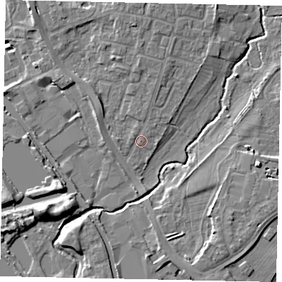 Shaded relief map of the ground around UB83SL, computed from Environment Agency LiDAR. The ground here sits at about 29 m above sea level and falls 9 m across the surrounding 800 m. Surface water reaching this point runs off ground lying to the north-west, 0.8 m higher.