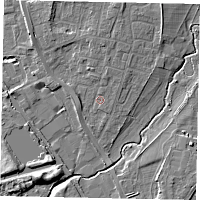 Shaded relief map of the ground around UB83SS, computed from Environment Agency LiDAR. The ground here sits at about 30 m above sea level and falls 9 m across the surrounding 800 m. Surface water reaching this point runs off ground lying to the north, 3.1 m higher.