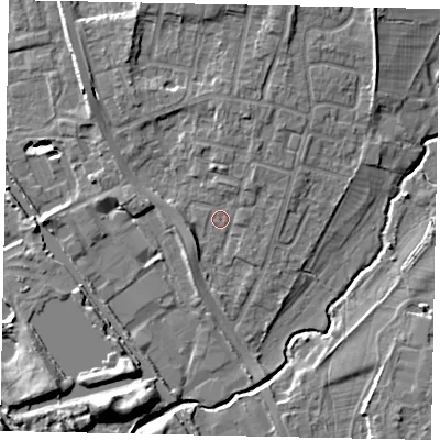 Shaded relief map of the ground around UB83TB, computed from Environment Agency LiDAR. The ground here sits at about 30 m above sea level and falls 9 m across the surrounding 800 m. Surface water reaching this point runs off ground lying to the north-north-east, 2.8 m higher.