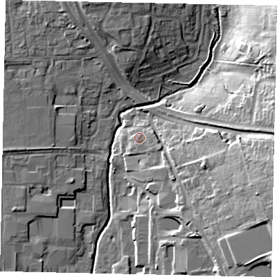 Shaded relief map of the ground around UB83TT, computed from Environment Agency LiDAR. The ground here sits at about 36 m above sea level and falls 21 m across the surrounding 800 m. Surface water reaching this point runs off ground lying to the east-south-east, 2.8 m higher.
