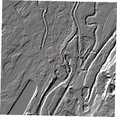 Shaded relief map of the ground around UB94AF, computed from Environment Agency LiDAR. The ground here sits at about 33 m above sea level and falls 14 m across the surrounding 800 m. Surface water reaching this point runs off ground lying to the north-east, 2.0 m higher.