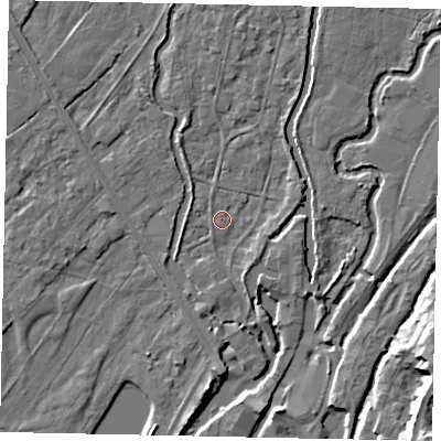 Shaded relief map of the ground around UB94AG, computed from Environment Agency LiDAR. The ground here sits at about 32 m above sea level and falls 13 m across the surrounding 800 m. Surface water reaching this point runs off ground lying to the north, 2.3 m higher.