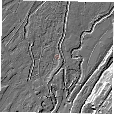 Shaded relief map of the ground around UB94AH, computed from Environment Agency LiDAR. The ground here sits at about 32 m above sea level and falls 16 m across the surrounding 800 m. Surface water reaching this point runs off ground lying to the north, 2.2 m higher.