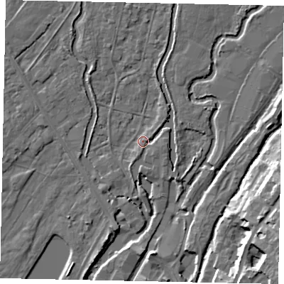Shaded relief map of the ground around UB94AJ, computed from Environment Agency LiDAR. The ground here sits at about 33 m above sea level and falls 15 m across the surrounding 800 m. Surface water reaching this point runs off ground lying to the east-north-east, 2.2 m higher.