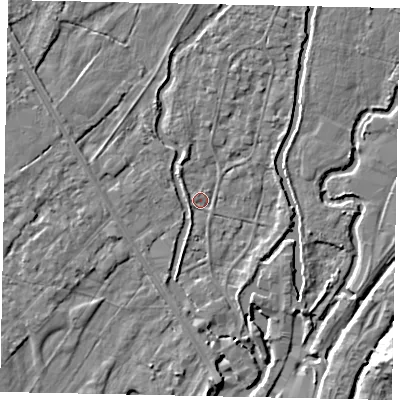Shaded relief map of the ground around UB94AL, computed from Environment Agency LiDAR. The ground here sits at about 33 m above sea level and falls 8 m across the surrounding 800 m. Surface water reaching this point runs off ground lying to the south-south-west, 1.4 m higher.