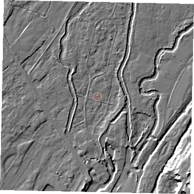 Shaded relief map of the ground around UB94AN, computed from Environment Agency LiDAR. The ground here sits at about 32 m above sea level and falls 14 m across the surrounding 800 m. Surface water reaching this point runs off ground lying to the north, 2.3 m higher.