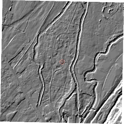 Shaded relief map of the ground around UB94AP, computed from Environment Agency LiDAR. The ground here sits at about 33 m above sea level and falls 12 m across the surrounding 800 m. Surface water reaching this point runs off ground lying to the north-north-east, 1.5 m higher.