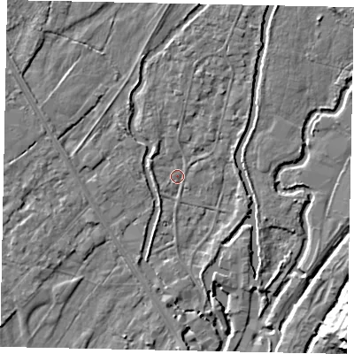 Shaded relief map of the ground around UB94AQ, computed from Environment Agency LiDAR. The ground here sits at about 32 m above sea level and falls 11 m across the surrounding 800 m. Surface water reaching this point runs off ground lying to the north-north-east, 2.0 m higher.