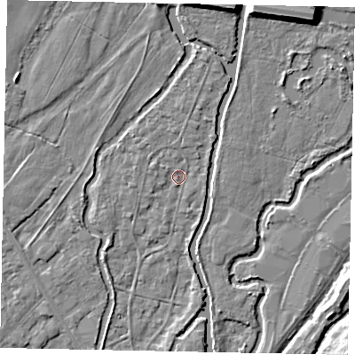 Shaded relief map of the ground around UB94AR, computed from Environment Agency LiDAR. The ground here sits at about 33 m above sea level and falls 8 m across the surrounding 800 m. Surface water reaching this point runs off ground lying to the north-north-east, 1.2 m higher.