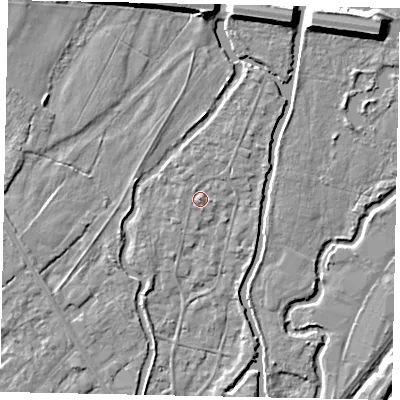 Shaded relief map of the ground around UB94AT, computed from Environment Agency LiDAR. The ground here sits at about 34 m above sea level and falls 7 m across the surrounding 800 m. Surface water reaching this point runs off ground lying to the north, 0.9 m higher.