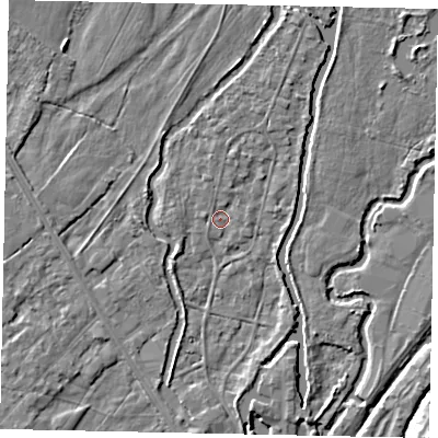 Shaded relief map of the ground around UB94AU, computed from Environment Agency LiDAR. The ground here sits at about 33 m above sea level and falls 8 m across the surrounding 800 m. Surface water reaching this point runs off ground lying to the north, 1.0 m higher.