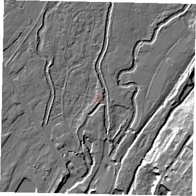 Shaded relief map of the ground around UB94AW, computed from Environment Agency LiDAR. The ground here sits at about 33 m above sea level and falls 17 m across the surrounding 800 m. Surface water reaching this point runs off ground lying to the south-south-west, 2.2 m higher.