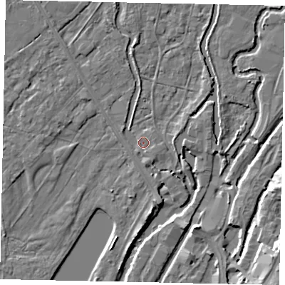 Shaded relief map of the ground around UB94AY, computed from Environment Agency LiDAR. The ground here sits at about 33 m above sea level and falls 11 m across the surrounding 800 m. Surface water reaching this point runs off ground lying to the south-east, 0.7 m higher.