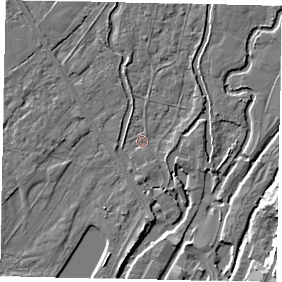 Shaded relief map of the ground around UB94AZ, computed from Environment Agency LiDAR. The ground here sits at about 32 m above sea level and falls 13 m across the surrounding 800 m. Surface water reaching this point runs off ground lying to the north, 1.9 m higher.