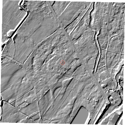 Shaded relief map of the ground around UB94BE, computed from Environment Agency LiDAR. The ground here sits at about 33 m above sea level and falls 8 m across the surrounding 800 m. Surface water reaching this point runs off ground lying to the north-north-west, 0.5 m higher.