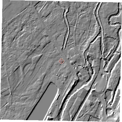 Shaded relief map of the ground around UB94DA, computed from Environment Agency LiDAR. The ground here sits at about 32 m above sea level and falls 8 m across the surrounding 800 m. Surface water reaching this point runs off ground lying to the south-east, 2.0 m higher.