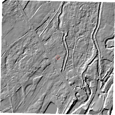 Shaded relief map of the ground around UB94DH, computed from Environment Agency LiDAR. The ground here sits at about 33 m above sea level and falls 6 m across the surrounding 800 m. Surface water reaching this point runs off ground lying to the north, 0.8 m higher.