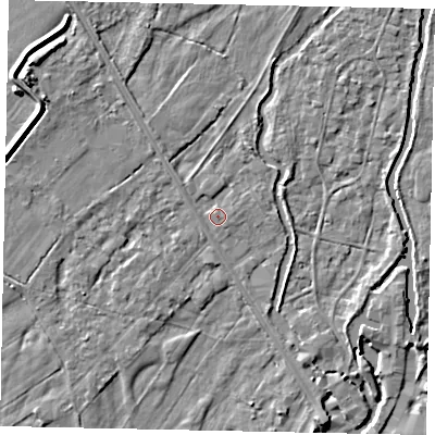 Shaded relief map of the ground around UB94DN, computed from Environment Agency LiDAR. The ground here sits at about 33 m above sea level and falls 6 m across the surrounding 800 m. Surface water reaching this point runs off ground lying to the north-west, 1.6 m higher.