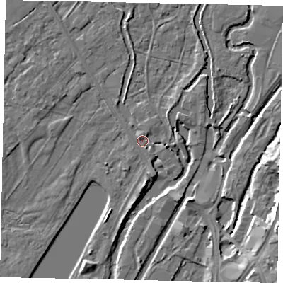 Shaded relief map of the ground around UB94DQ, computed from Environment Agency LiDAR. The ground here sits at about 32 m above sea level and falls 13 m across the surrounding 800 m. Surface water reaching this point runs off ground lying to the south-south-east, 1.5 m higher.