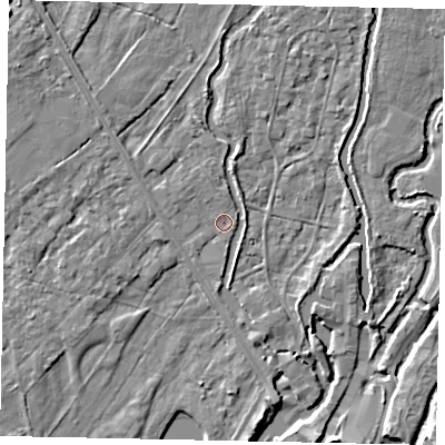 Shaded relief map of the ground around UB94DY, computed from Environment Agency LiDAR. The ground here sits at about 33 m above sea level and falls 6 m across the surrounding 800 m. Surface water reaching this point runs off ground lying to the north-north-west, 0.8 m higher.
