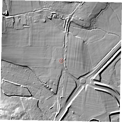 Shaded relief map of the ground around UB94HE, computed from Environment Agency LiDAR. The ground here sits at about 39 m above sea level and falls 17 m across the surrounding 800 m. Surface water reaching this point runs off ground lying to the west-south-west, 0.5 m higher.