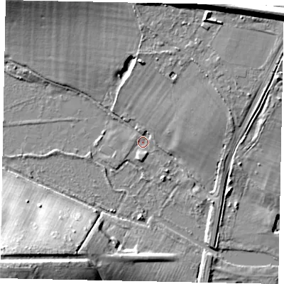 Shaded relief map of the ground around UB95AH, computed from Environment Agency LiDAR. The ground here sits at about 40 m above sea level and falls 30 m across the surrounding 800 m. Surface water reaching this point runs off ground lying to the east-north-east, 4.5 m higher.