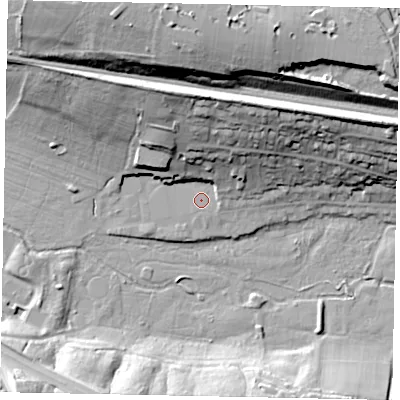 Shaded relief map of the ground around UB95AJ, computed from Environment Agency LiDAR. The ground here sits at about 45 m above sea level and falls 39 m across the surrounding 800 m. Surface water reaching this point runs off ground lying to the north, 22.8 m higher.