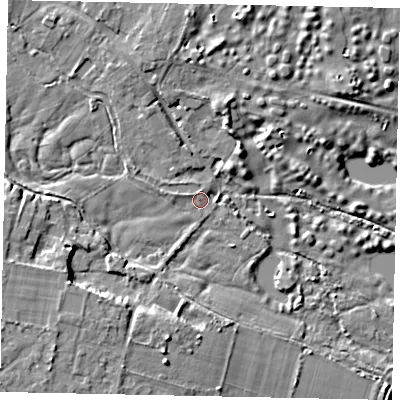 Shaded relief map of the ground around UB95AS, computed from Environment Agency LiDAR. The ground here sits at about 37 m above sea level and falls 8 m across the surrounding 800 m. Surface water reaching this point runs off ground lying to the west-south-west, 7.0 m higher.