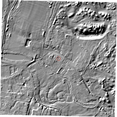 Shaded relief map of the ground around UB95BE, computed from Environment Agency LiDAR. The ground here sits at about 40 m above sea level and falls 10 m across the surrounding 800 m. Surface water reaching this point runs off ground lying to the east-north-east, 1.6 m higher.