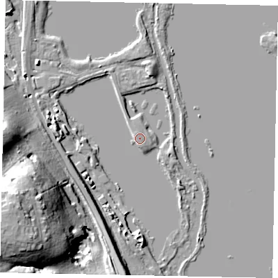 Shaded relief map of the ground around UB95HE, computed from Environment Agency LiDAR. The ground here sits at about 39 m above sea level and falls 35 m across the surrounding 800 m. Surface water reaching this point runs off ground lying to the west-south-west, 34.3 m higher.