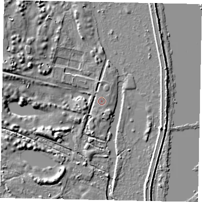 Shaded relief map of the ground around UB95PG, computed from Environment Agency LiDAR. The ground here sits at about 36 m above sea level and falls 8 m across the surrounding 800 m. Surface water reaching this point runs off ground lying to the north-north-west, 1.4 m higher.