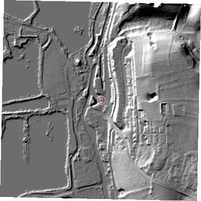Shaded relief map of the ground around UB96FH, computed from Environment Agency LiDAR. The ground here sits at about 42 m above sea level and falls 40 m across the surrounding 800 m. Surface water reaching this point runs off ground lying to the east-north-east, 13.7 m higher.