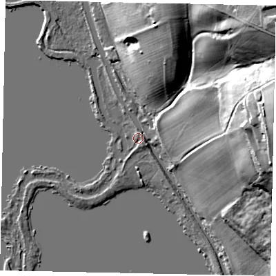 Shaded relief map of the ground around UB96HL, computed from Environment Agency LiDAR. The ground here sits at about 40 m above sea level and falls 47 m across the surrounding 800 m. Surface water reaching this point runs off ground lying to the north-east, 45.7 m higher.
