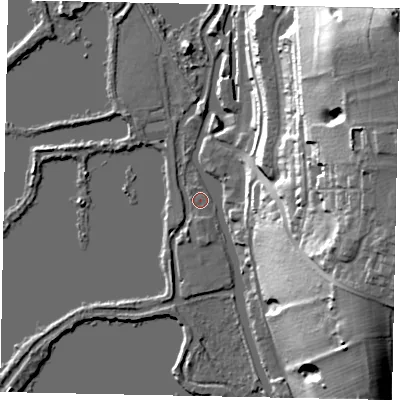 Shaded relief map of the ground around UB96HZ, computed from Environment Agency LiDAR. The ground here sits at about 40 m above sea level and falls 39 m across the surrounding 800 m. Surface water reaching this point runs off ground lying to the south, 1.6 m higher.
