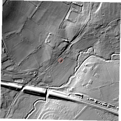 Shaded relief map of the ground around UB96LS, computed from Environment Agency LiDAR. The ground here sits at about 41 m above sea level and falls 30 m across the surrounding 800 m. Surface water reaching this point runs off ground lying to the north-north-west, 4.6 m higher.