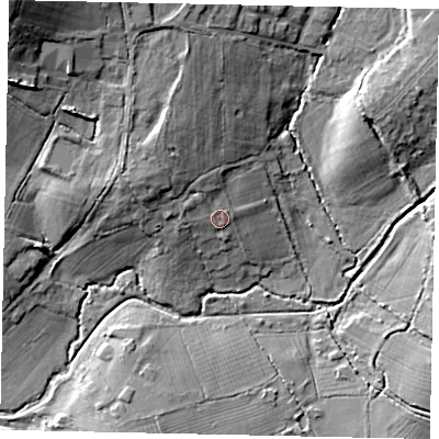 Shaded relief map of the ground around UB96LU, computed from Environment Agency LiDAR. The ground here sits at about 44 m above sea level and falls 24 m across the surrounding 800 m. Surface water reaching this point runs off ground lying to the north-north-west, 3.2 m higher.