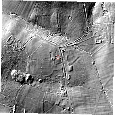 Shaded relief map of the ground around UB96LZ, computed from Environment Agency LiDAR. The ground here sits at about 56 m above sea level and falls 25 m across the surrounding 800 m. Surface water reaching this point runs off ground lying to the west, 6.2 m higher.