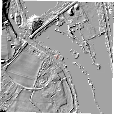 Shaded relief map of the ground around UB96PB, computed from Environment Agency LiDAR. The ground here sits at about 36 m above sea level and falls 8 m across the surrounding 800 m. Surface water reaching this point runs off ground lying to the north-west, 7.4 m higher.